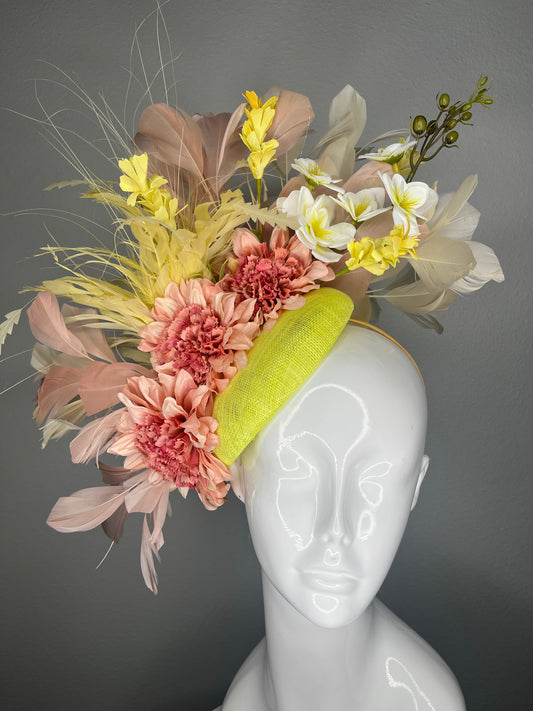 .Kentucky Derby Floral Fascinator | Blush & Soft Yellow Blooms on Chartreuse Base | Couture Race Day Headpiece