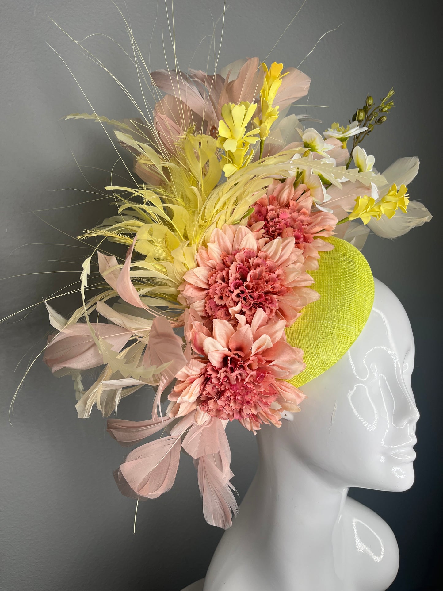 Kentucky Derby Floral Fascinator | Blush & Soft Yellow Blooms on Chartreuse Base | Couture Race Day Headpiece
