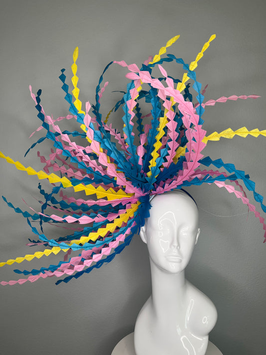 Kentucky Derby Statement Fascinator | Blue, Pink & Yellow Feather Spray | Couture Race Day Headpiece