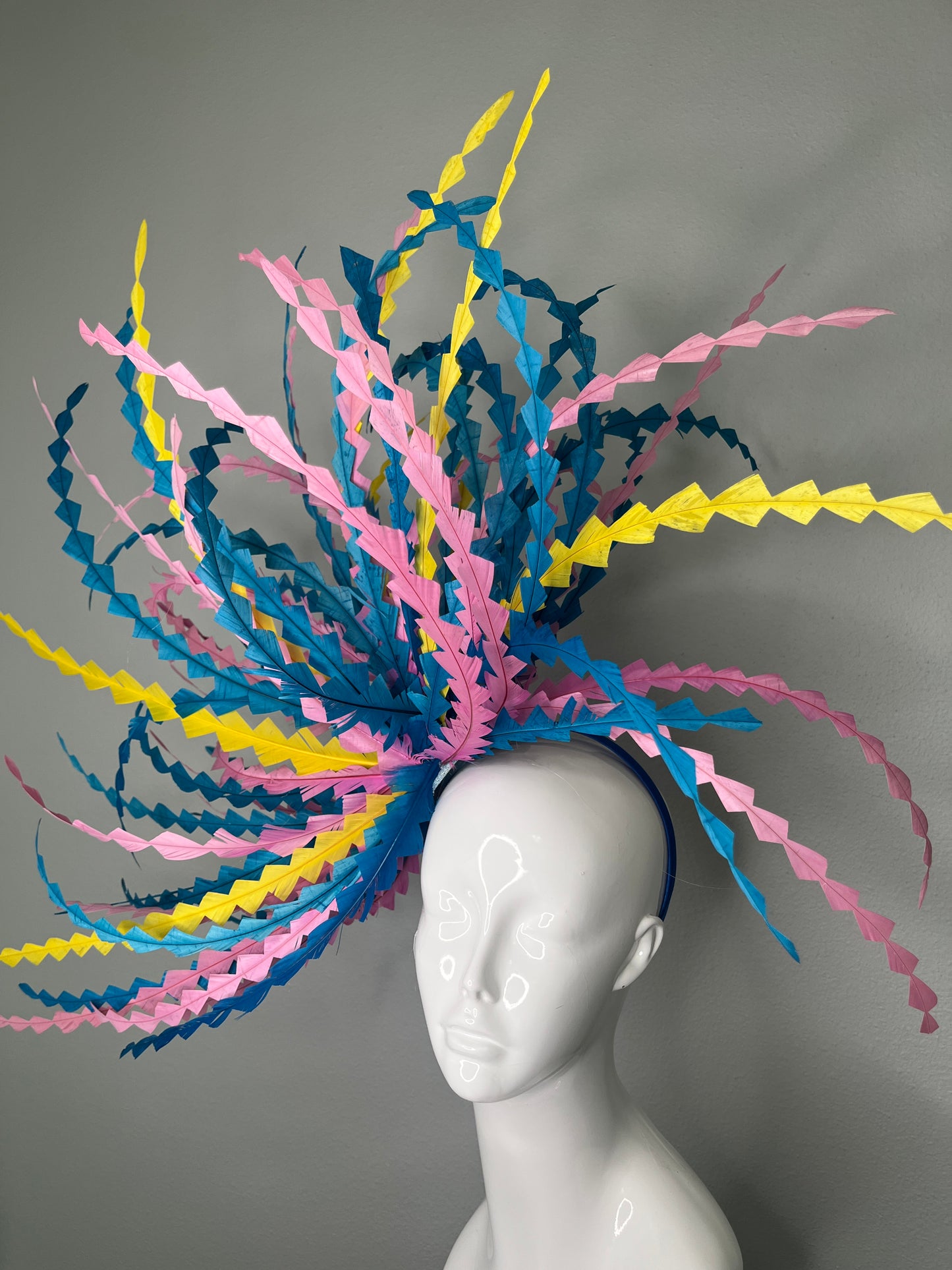 Kentucky Derby Statement Fascinator | Blue, Pink & Yellow Feather Spray | Couture Race Day Headpiece