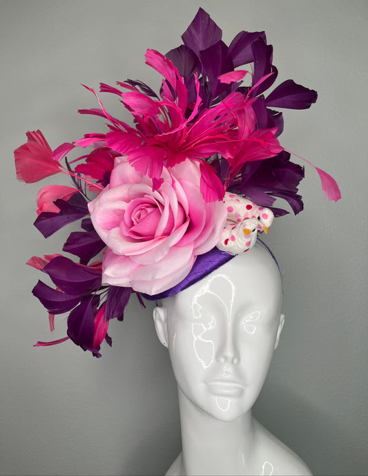 Kentucky Derby Floral Fascinator | Pink Rose with Fuchsia & Purple Feathers | Couture Race Day Headpiece