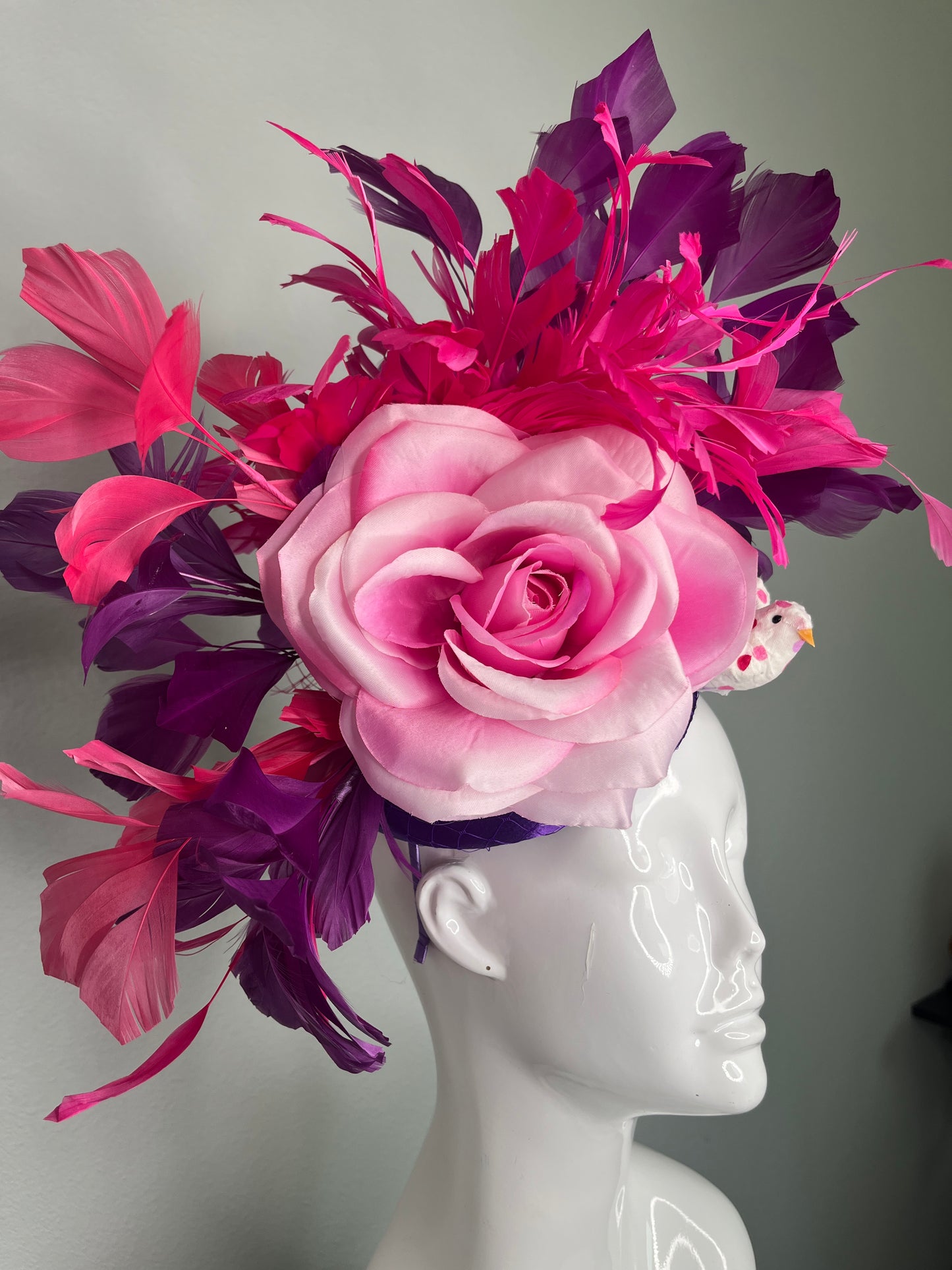 Kentucky Derby Floral Fascinator | Pink Rose with Fuchsia & Purple Feathers | Couture Race Day Headpiece