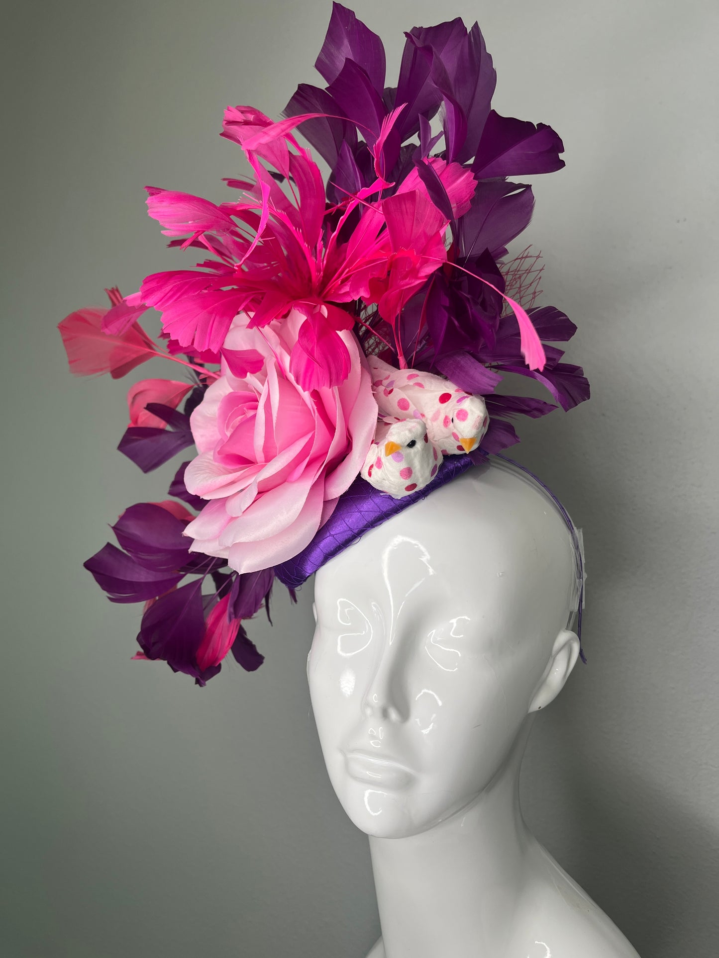 Kentucky Derby Floral Fascinator | Pink Rose with Fuchsia & Purple Feathers | Couture Race Day Headpiece