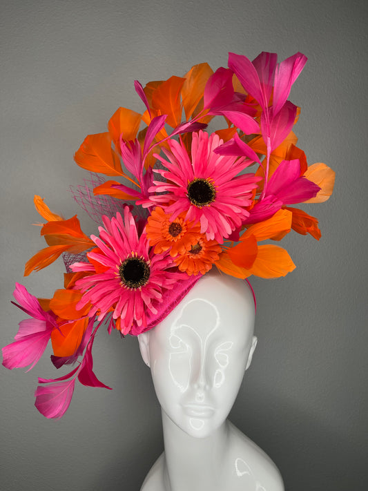 Hot Pink & Orange Floral Fascinator | Bold Derby Statement Headpiece