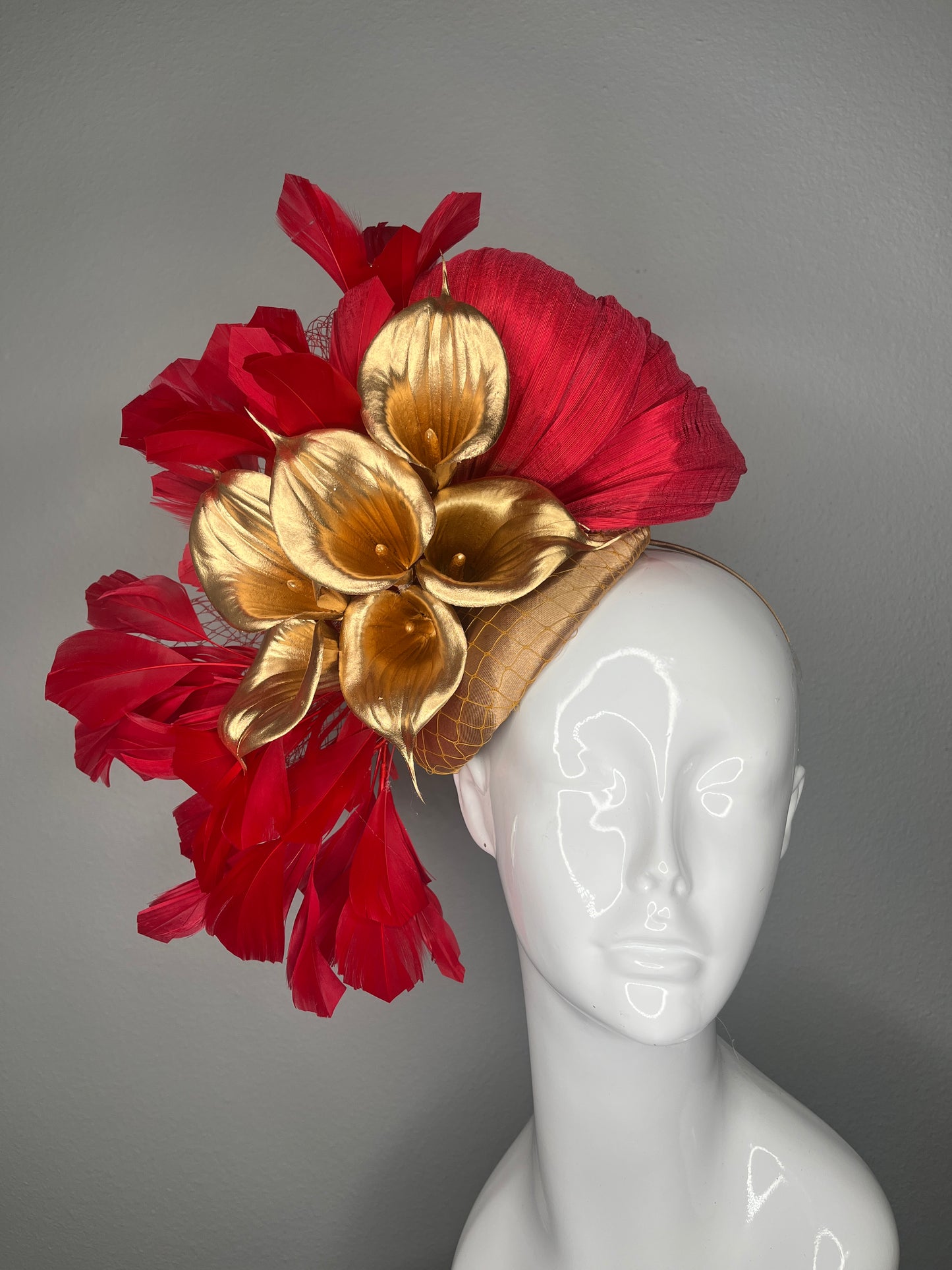 Crimson Feather, Red Silk &  Gold Calla Lily Statement Fascinator