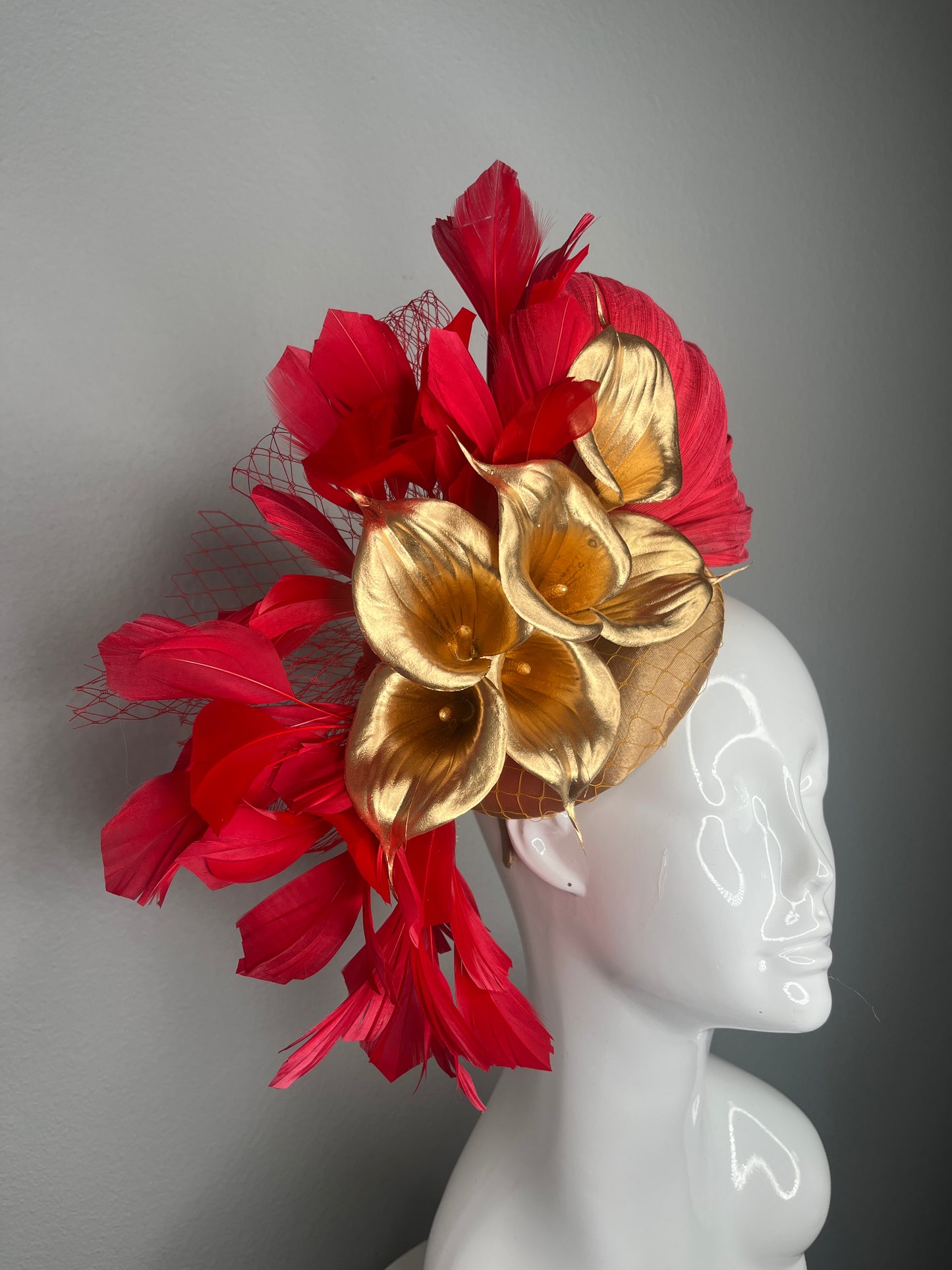 Crimson Feather, Red Silk &  Gold Calla Lily Statement Fascinator
