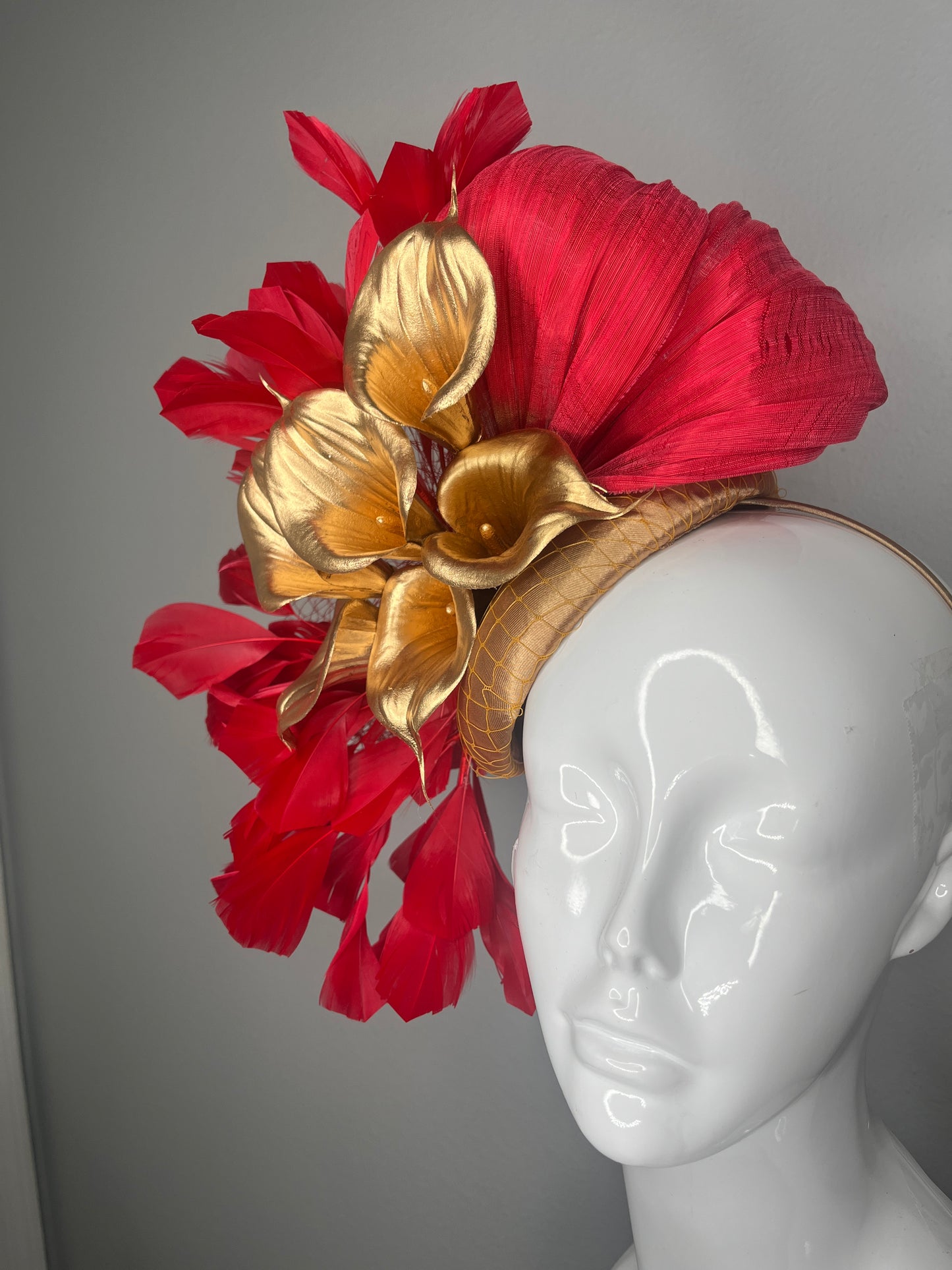 Crimson Feather, Red Silk &  Gold Calla Lily Statement Fascinator