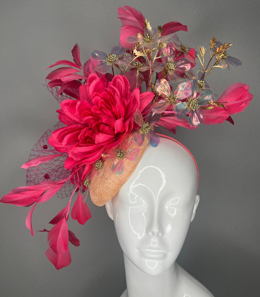 Hot Pink Floral Fascinator with Iridescent Petals & Gold Accents Peach Base| Kentucky Derby Headpiece