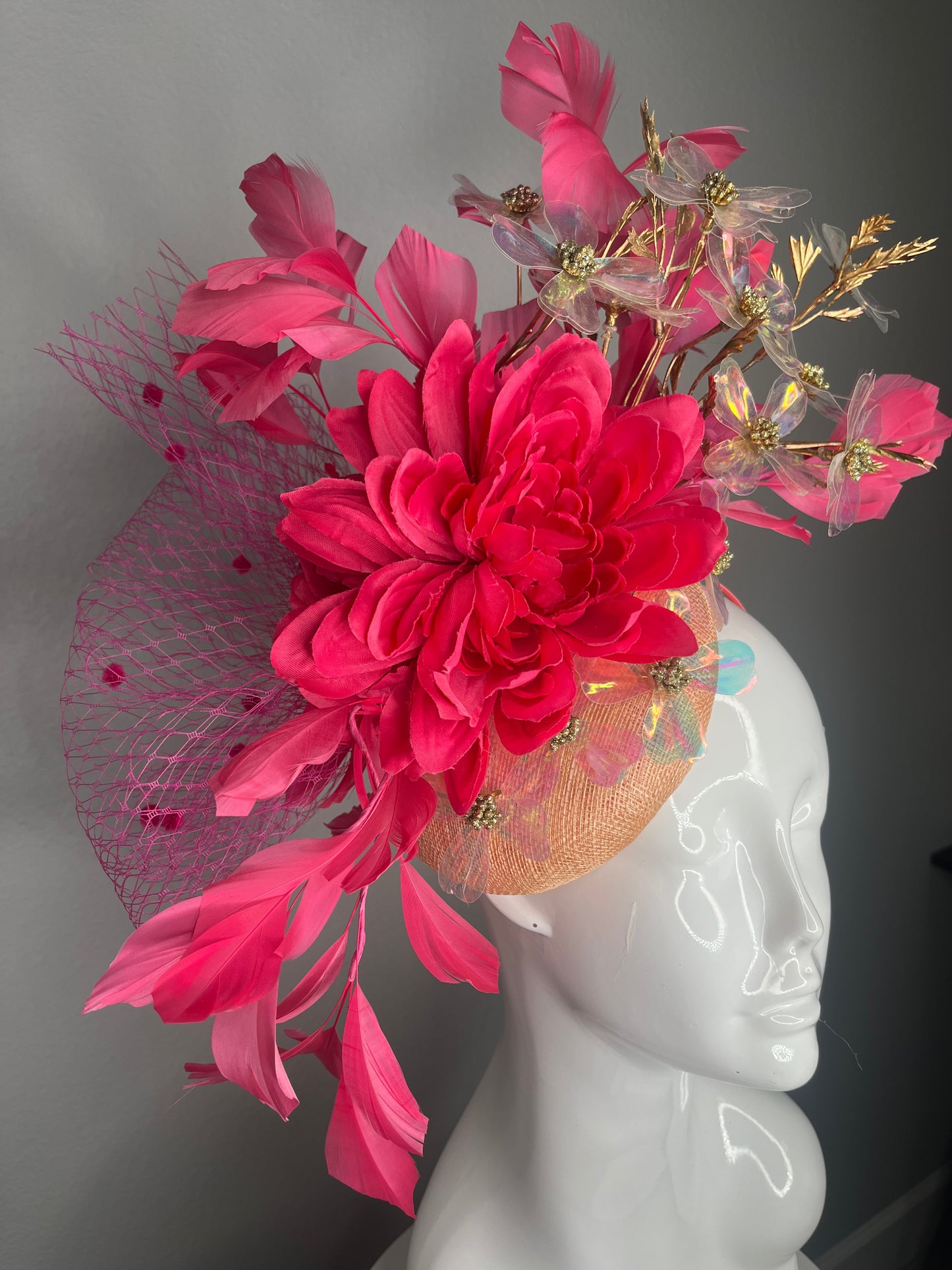 Hot Pink Floral Fascinator with Iridescent Petals & Gold Accents Peach Base| Kentucky Derby Headpiece