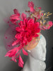Hot Pink Floral Fascinator with Iridescent Petals & Gold Accents Peach Base| Kentucky Derby Headpiece