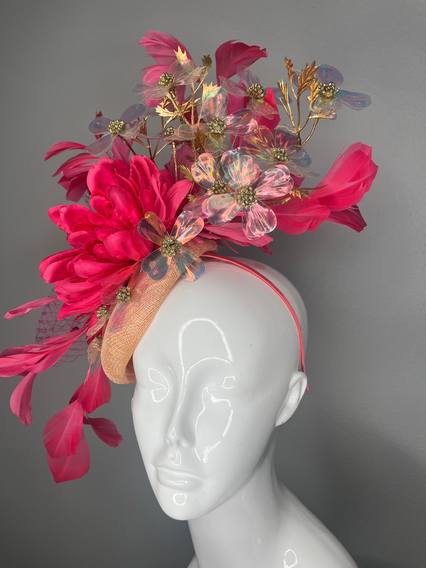 Hot Pink Floral Fascinator with Iridescent Petals & Gold Accents Peach Base| Kentucky Derby Headpiece