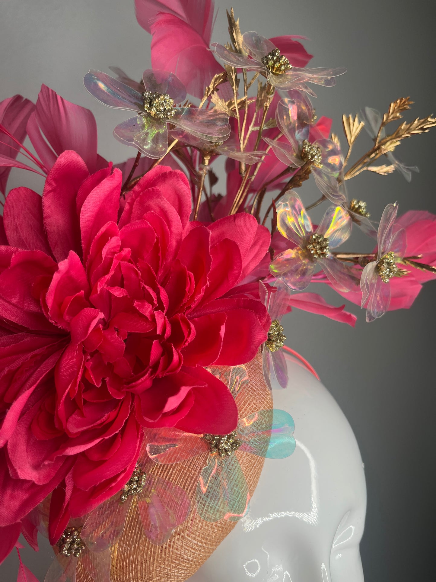 Hot Pink Floral Fascinator with Iridescent Petals & Gold Accents Peach Base| Kentucky Derby Headpiece