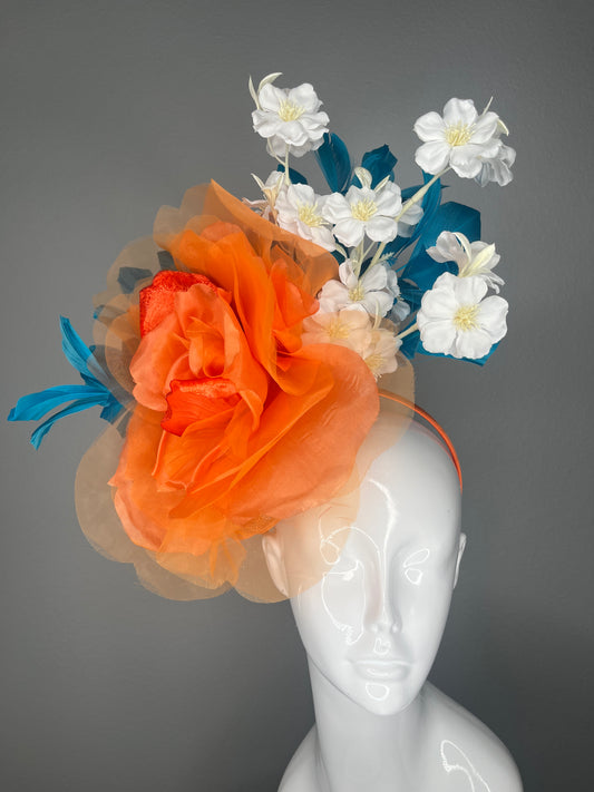 Orange Organza Rose & Teal Feather Floral Statement Fascinator Hat