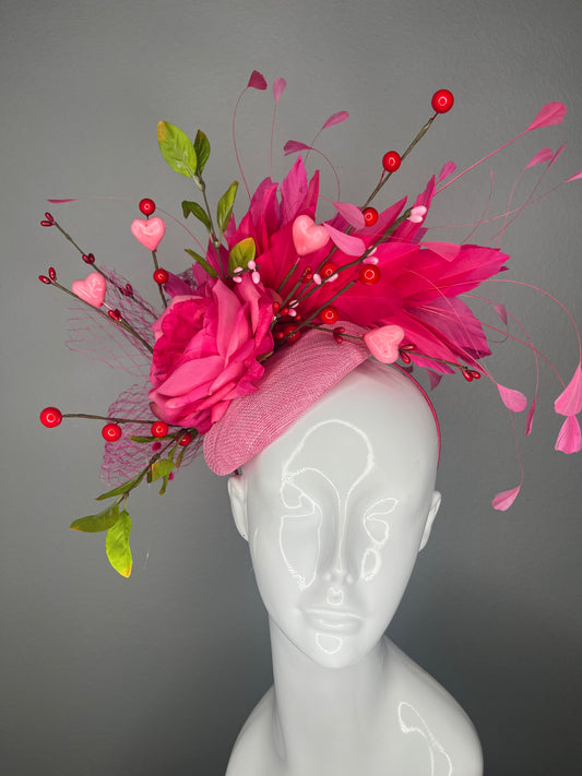 Hot Pink Rose & Feather Statement Fascinator