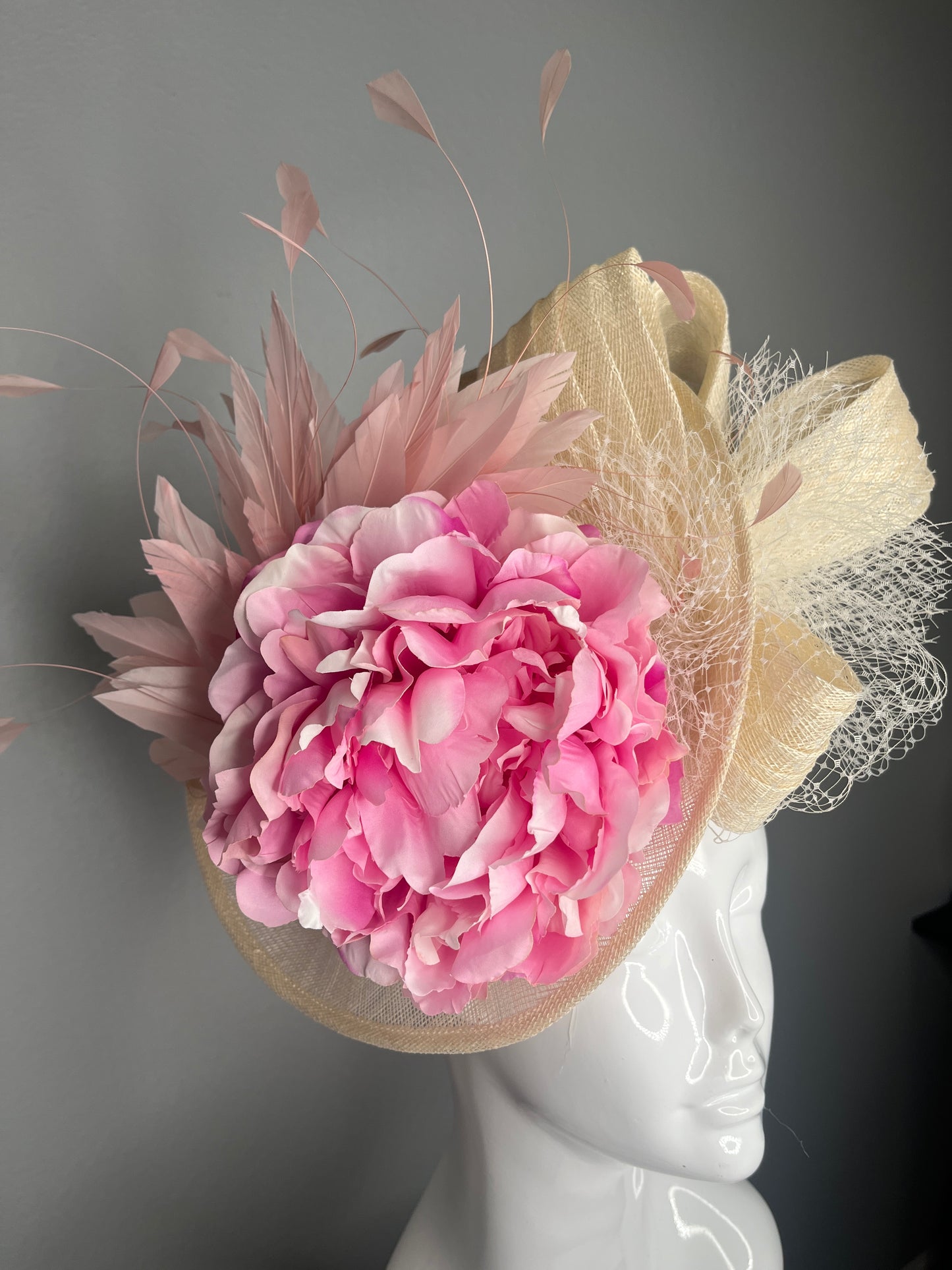 Pink Blush Peony & Natural Sinamay Statement Fascinator Hat