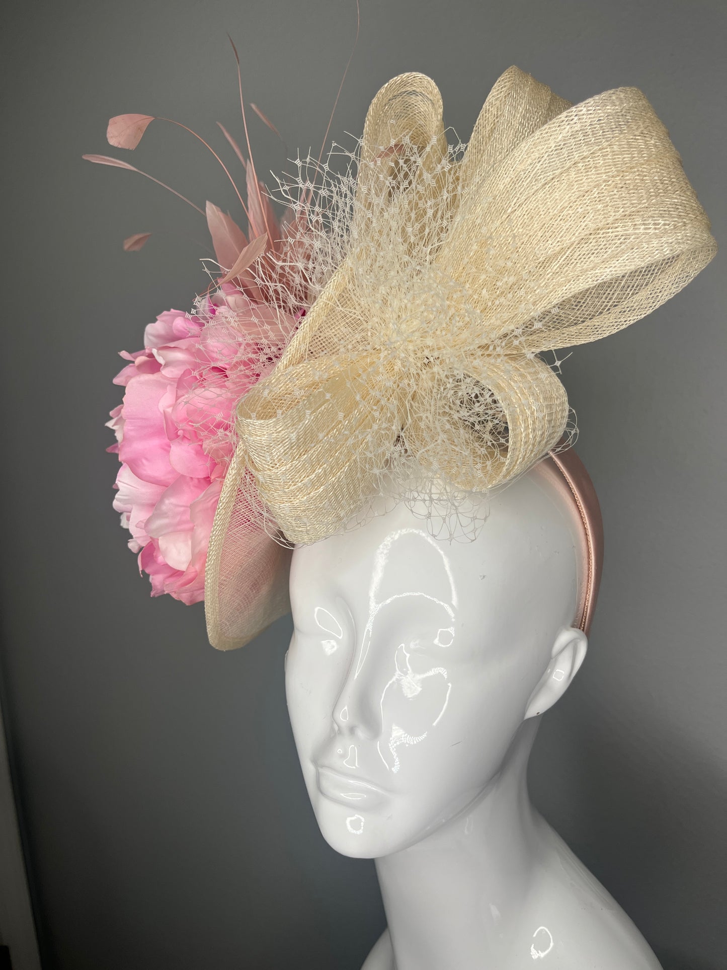 Pink Blush Peony & Natural Sinamay Statement Fascinator Hat
