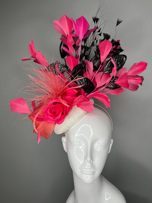 Hot Pink & Black Statement Fascinator with Rose Detail | Kentucky Derby Headpiece