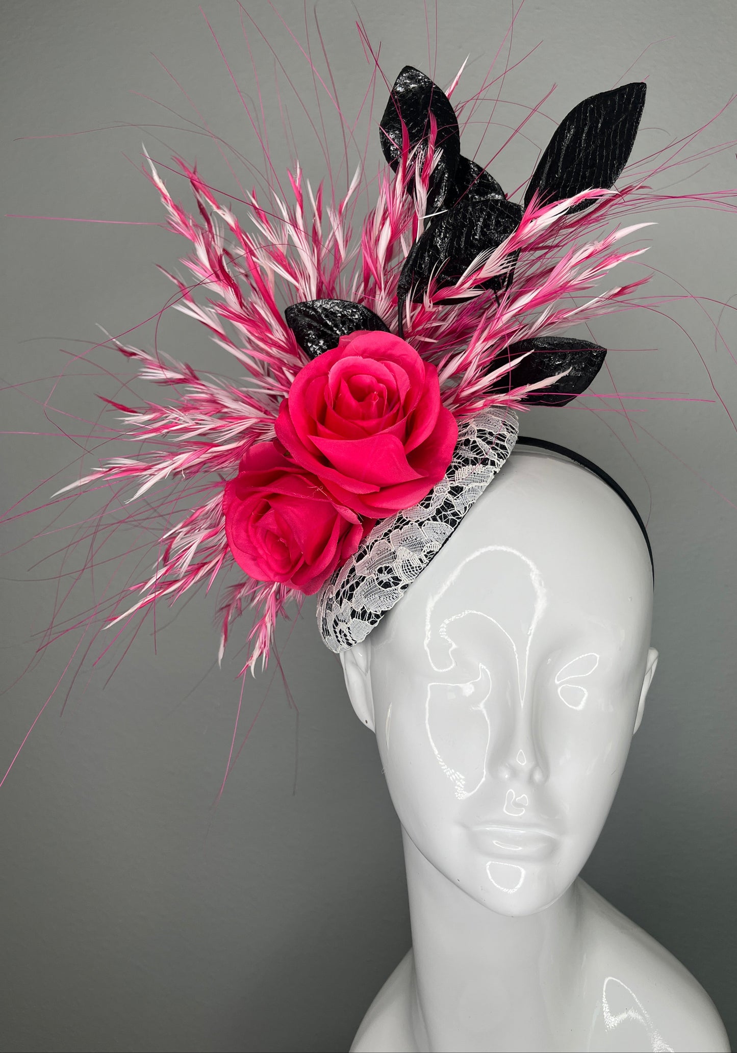 Hot Pink Rose and Black Statement Fascinator with Feather Detailing