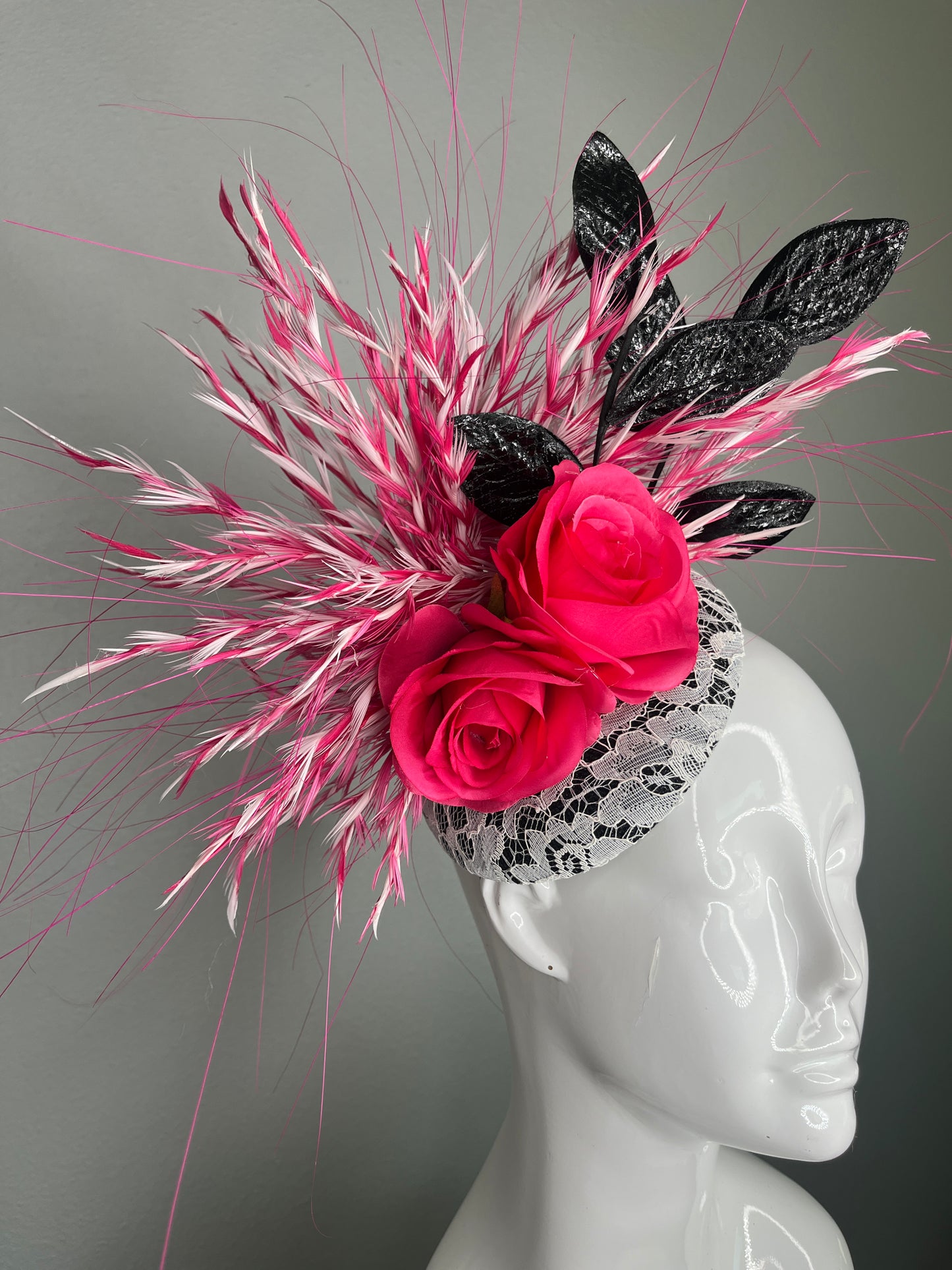 Hot Pink Rose and Black Statement Fascinator with Feather Detailing