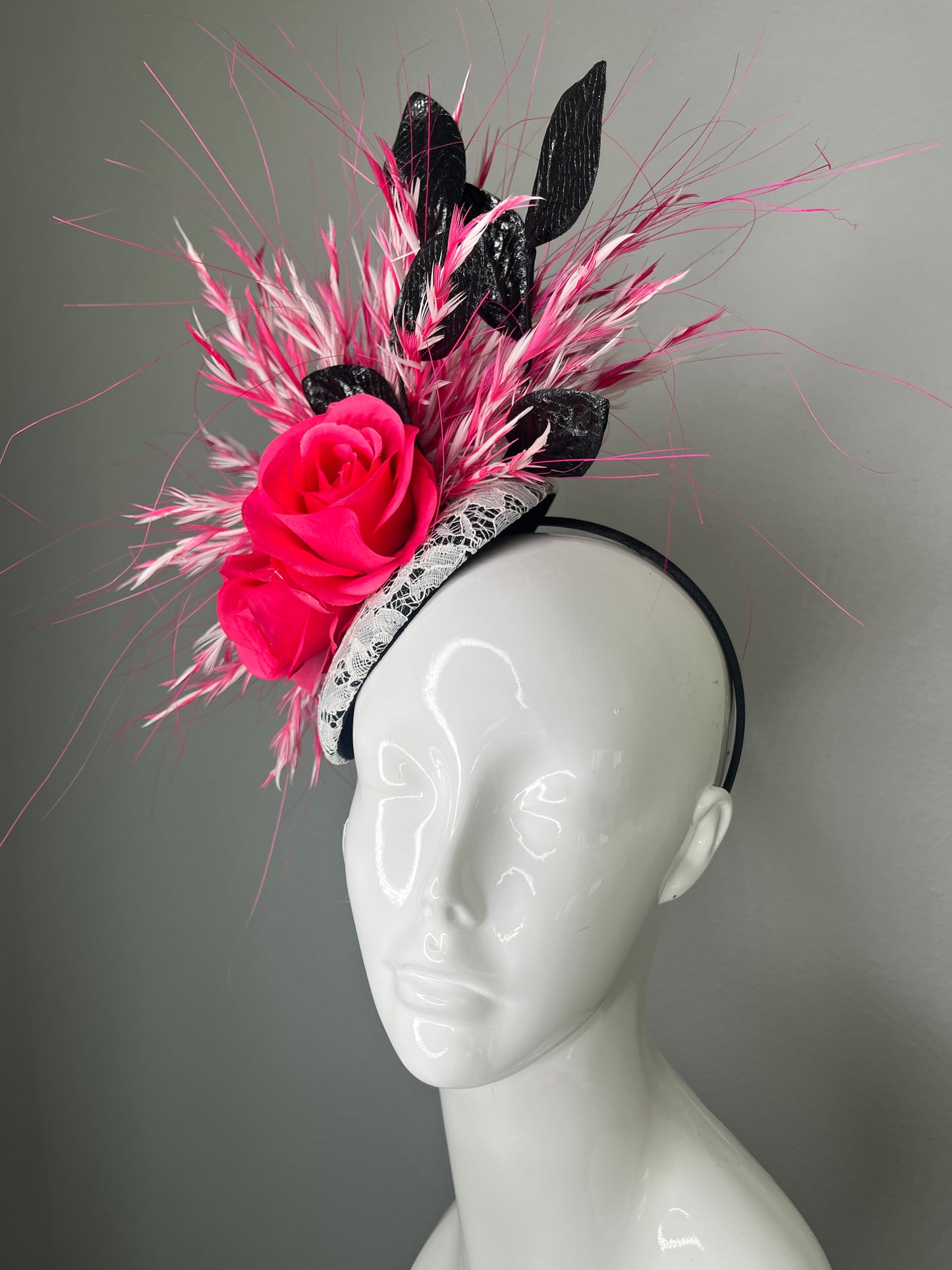 Hot Pink Rose and Black Statement Fascinator with Feather Detailing