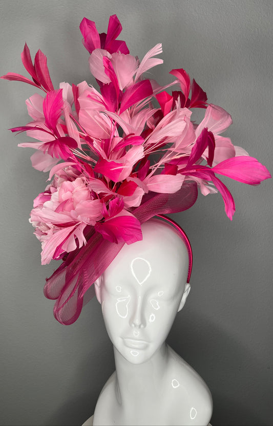 Hot Pink & Blush Feather Fascinator Headband | Statement Derby Hat with Floral Detail | Kentucky Derby, Oaks, Wedding Headpiece