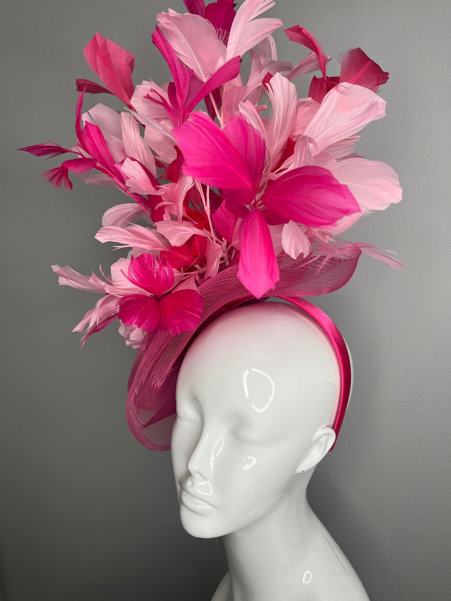 Hot Pink & Blush Feather Fascinator Headband | Statement Derby Hat with Floral Detail | Kentucky Derby, Oaks, Wedding Headpiece