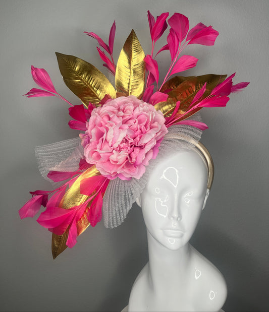 Hot Pink & Gold Statement Fascinator with Blush Peony – Kentucky Derby Kentucky Oaks Headpiece