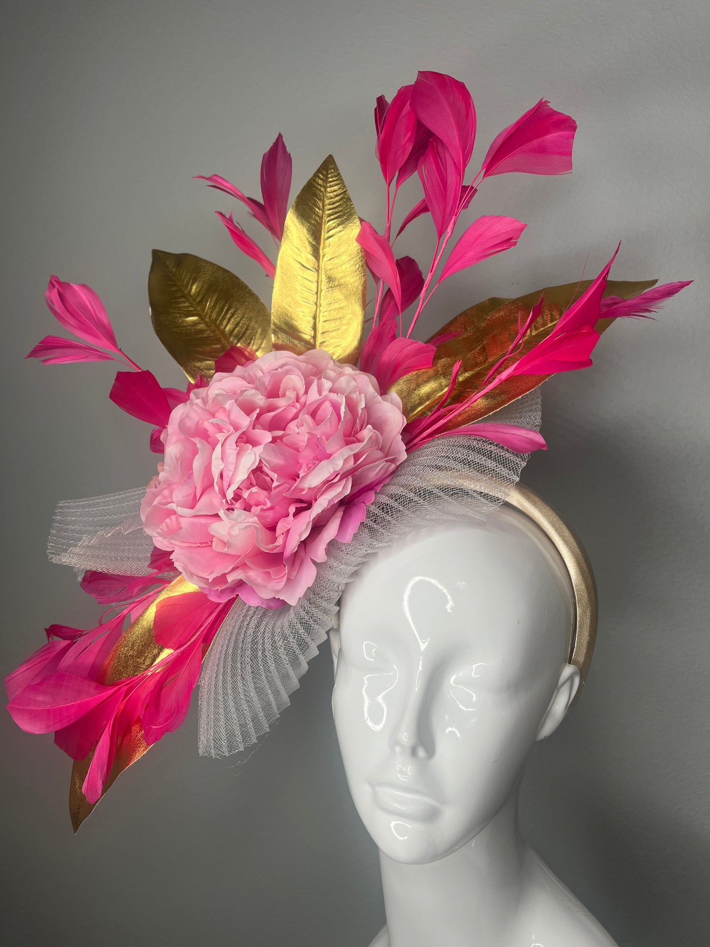 Hot Pink & Gold Statement Fascinator with Blush Peony – Kentucky Derby Kentucky Oaks Headpiece