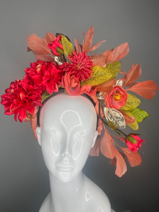 Coral Bloom Statement Fascinator with Feathers & Metallic Accents