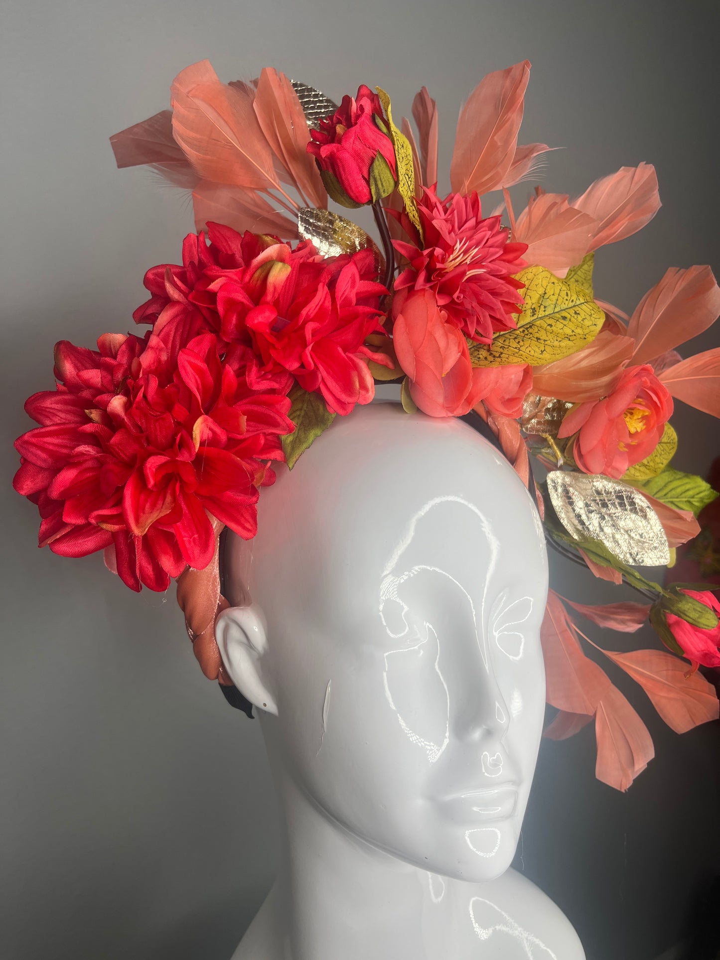 Coral Bloom Statement Fascinator with Feathers & Metallic Accents