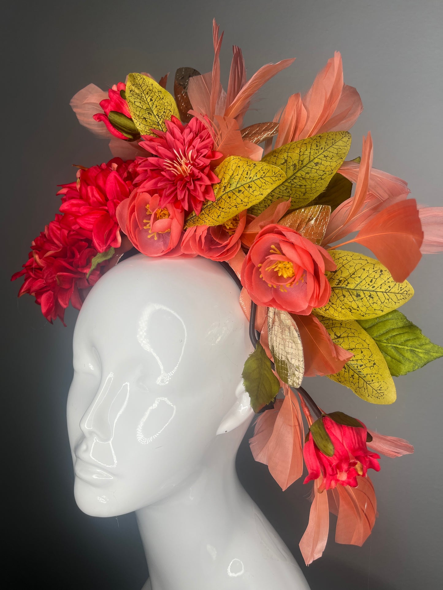 Coral Bloom Statement Fascinator with Feathers & Metallic Accents