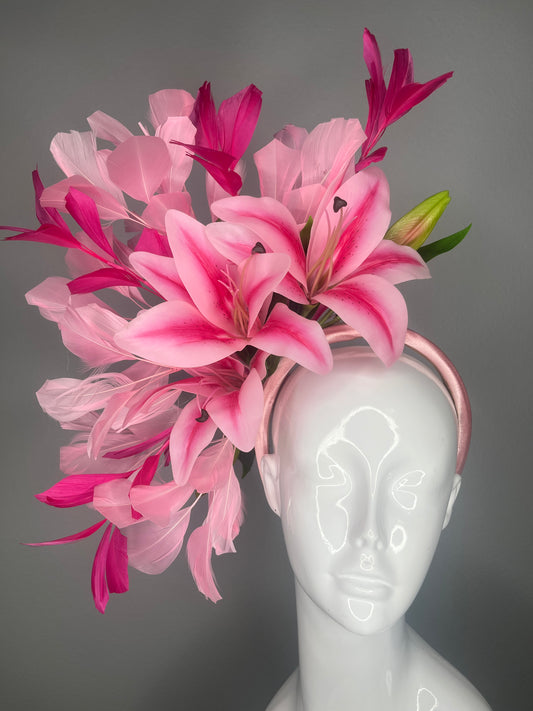 Blush & Fuchsia Stargazer Lily Statement Fascinator with Feather Cascade