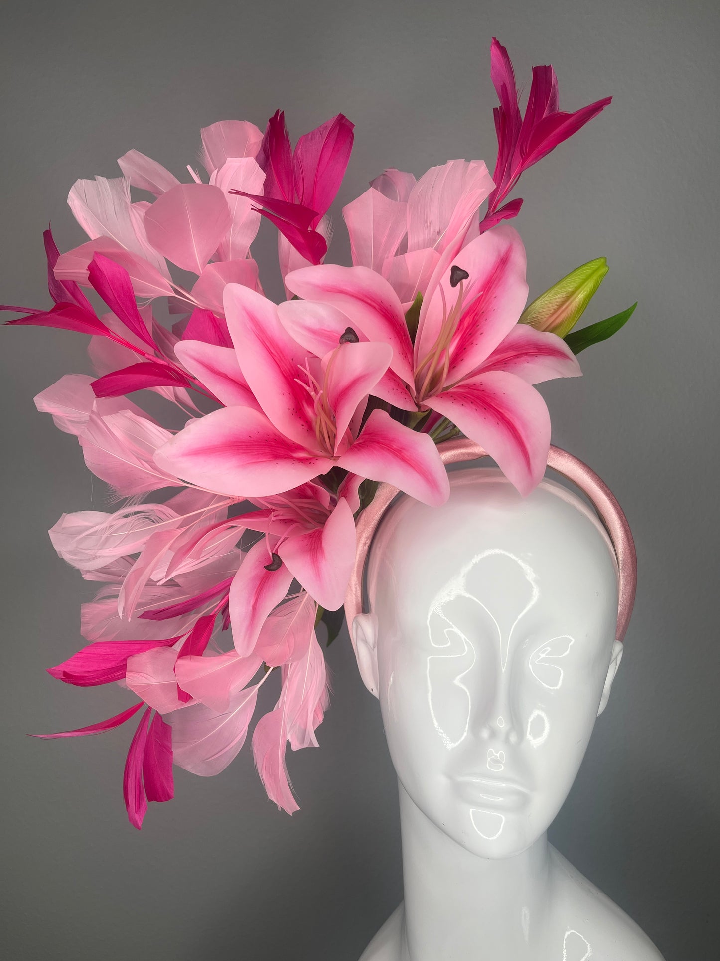 Blush & Fuchsia Stargazer Lily Statement Fascinator with Feather Cascade