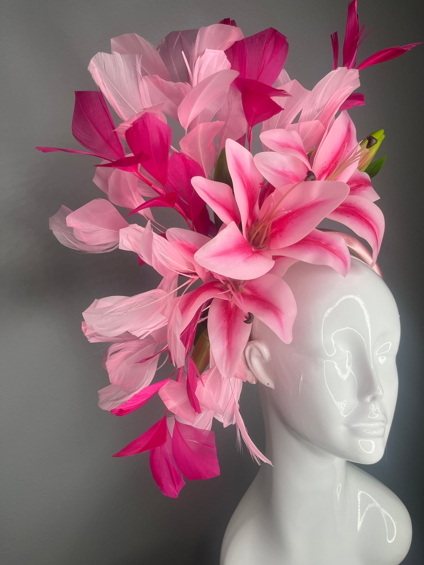Blush & Fuchsia Stargazer Lily Statement Fascinator with Feather Cascade