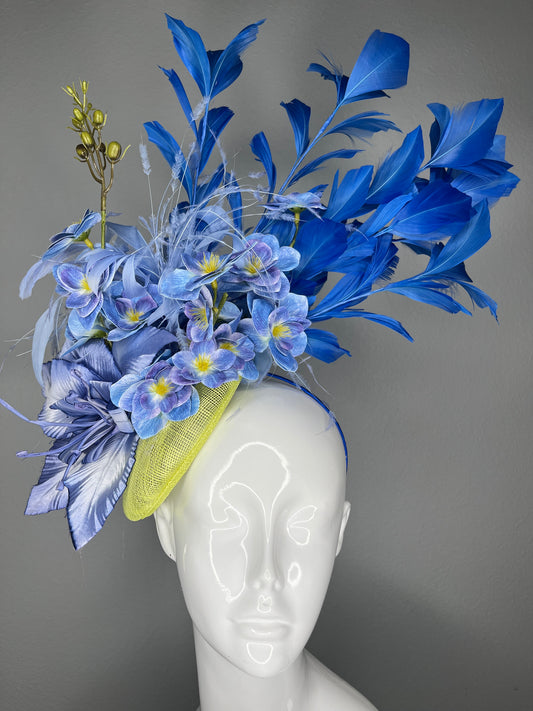 Couture Blue Floral Feather Fascinator – One of a Kind Statement Headpiece