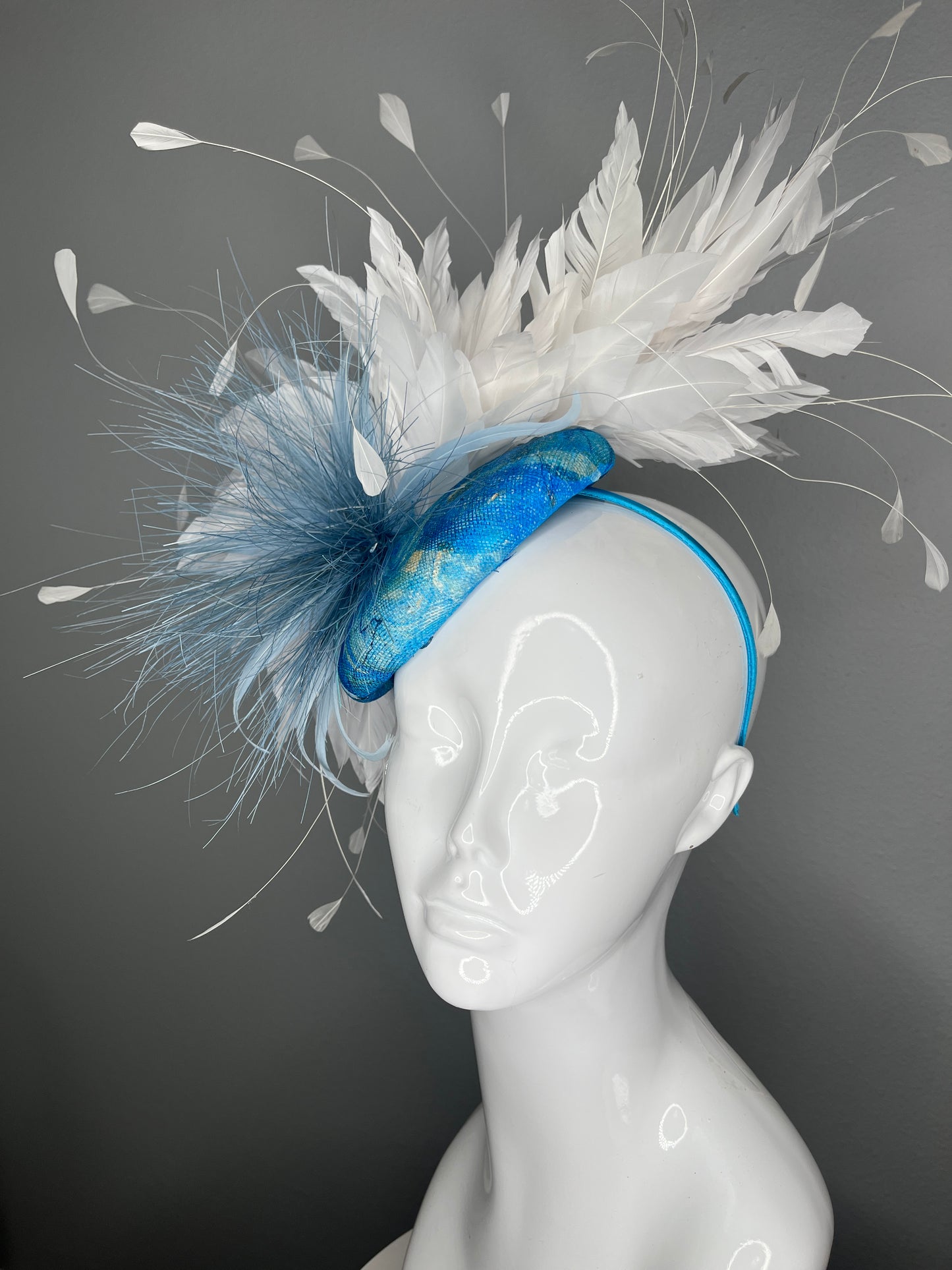 Blue & White Marble Couture Feather Fascinator – One of a Kind Statement Headpiece