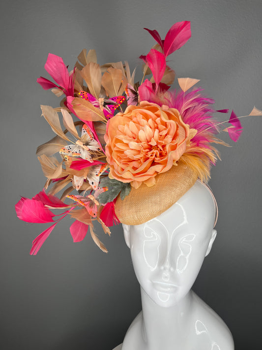 Peach Dahlia & Butterfly Couture Fascinator – One of a Kind