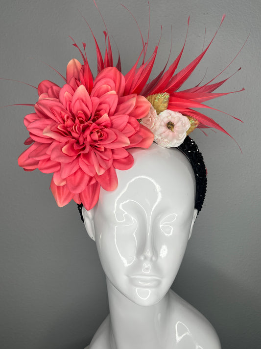 Coral Dahlia Statement Fascinator – Bold Kentucky Derby & Race Day Headpiece with Feather Burst