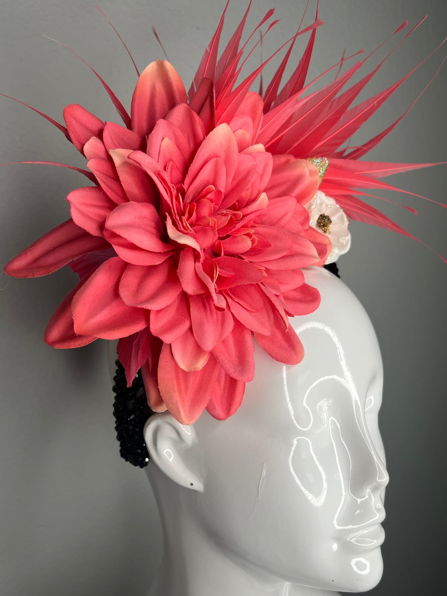 Coral Dahlia Statement Fascinator – Bold Kentucky Derby & Race Day Headpiece with Feather Burst