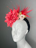 Coral Dahlia Statement Fascinator – Bold Kentucky Derby & Race Day Headpiece with Feather Burst