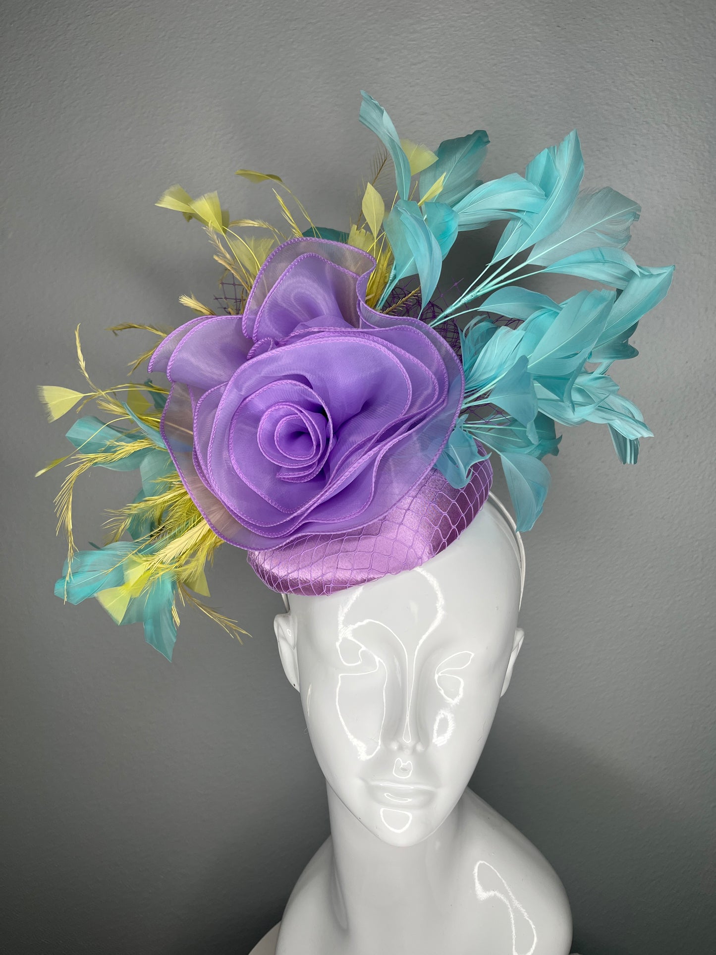 Lavender Bloom Statement Fascinator with Teal & Pale Yellow Feathers | Kentucky Derby Hat | Modern Spring Race Day Headpiece