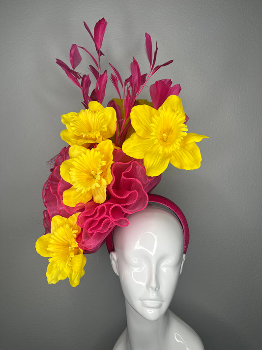 Sunburst Yellow Bloom Hot Pink Feathers with Yellow Silk Statement Fascinator Hat