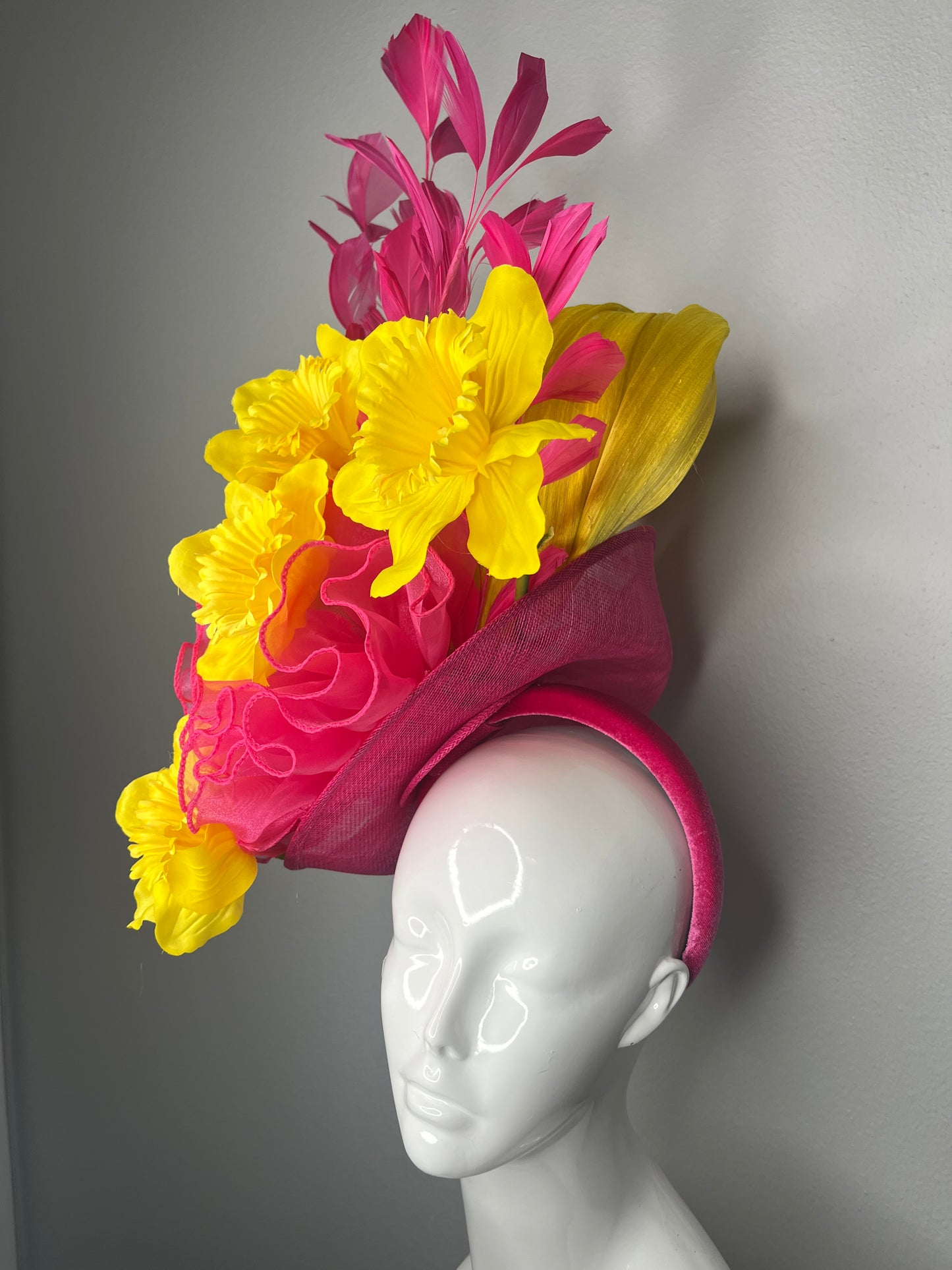 Sunburst Yellow Bloom Hot Pink Feathers with Yellow Silk Statement Fascinator Hat