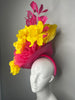 Sunburst Yellow Bloom Hot Pink Feathers with Yellow Silk Statement Fascinator Hat