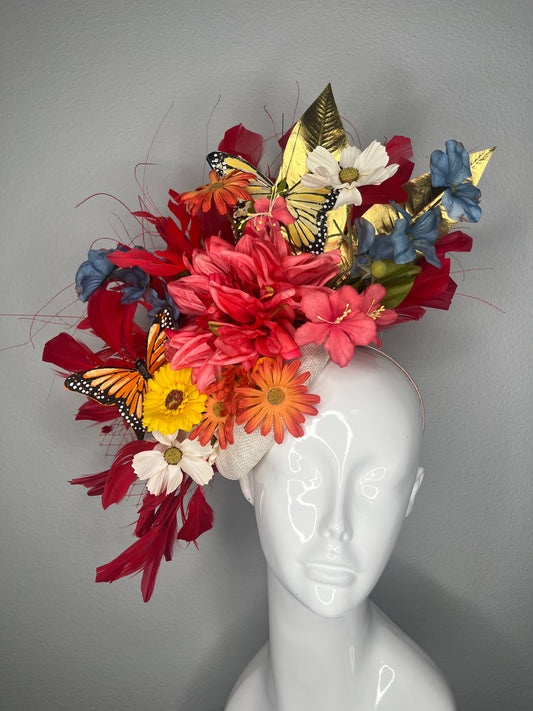 Monarch Garden Statement Fascinator – Bold Floral Derby Headpiece with Butterflies & Gold Leaf