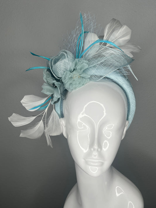 Sea Glass Elegance Fascinator – Aqua & White Race Day Headpiece