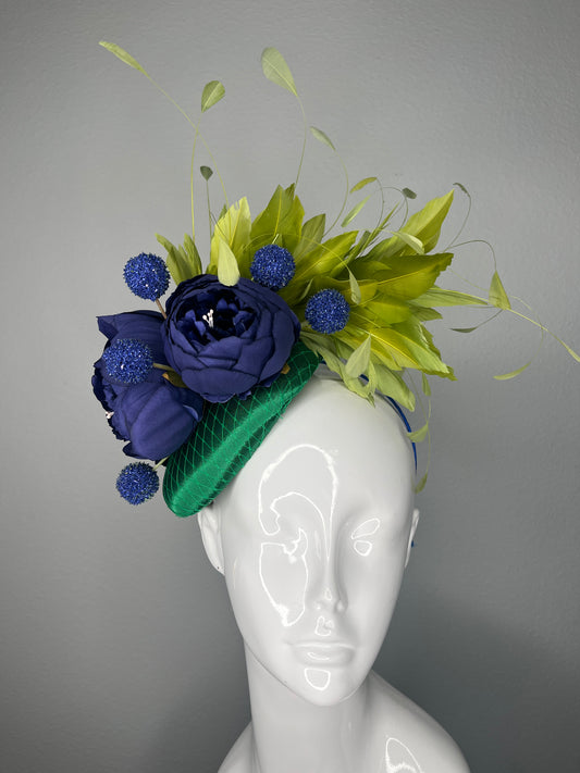 Emerald Green  & Navy Blue Statement Fascinator – Bold Floral Race Day Headpiece