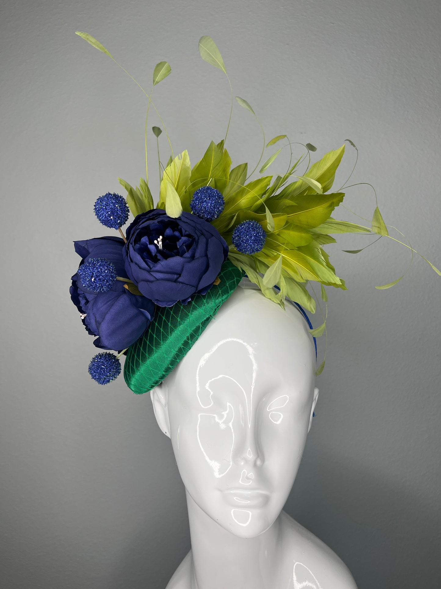 Emerald Green  & Navy Blue Statement Fascinator – Bold Floral Race Day Headpiece