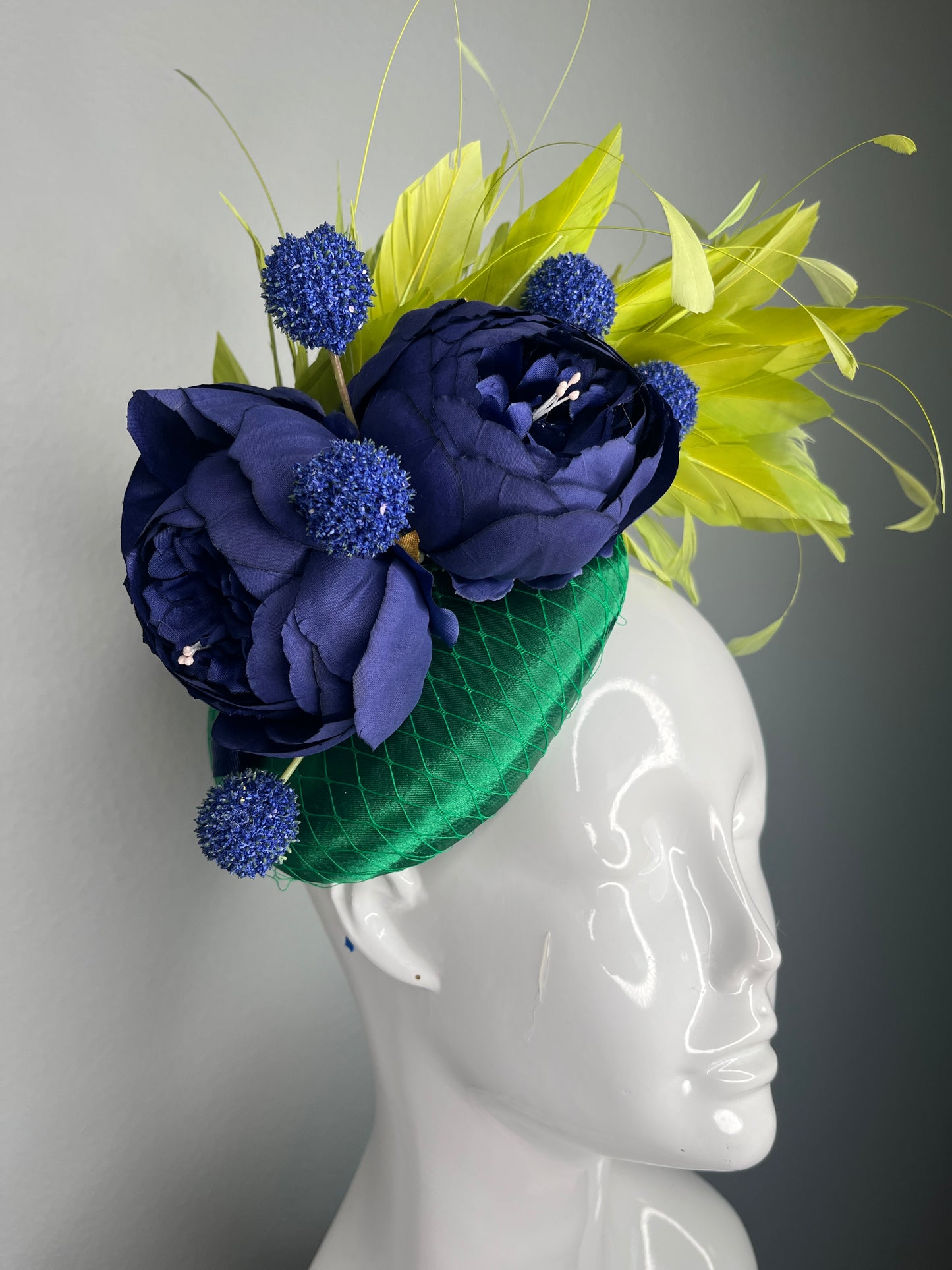 Emerald Green  & Navy Blue Statement Fascinator – Bold Floral Race Day Headpiece