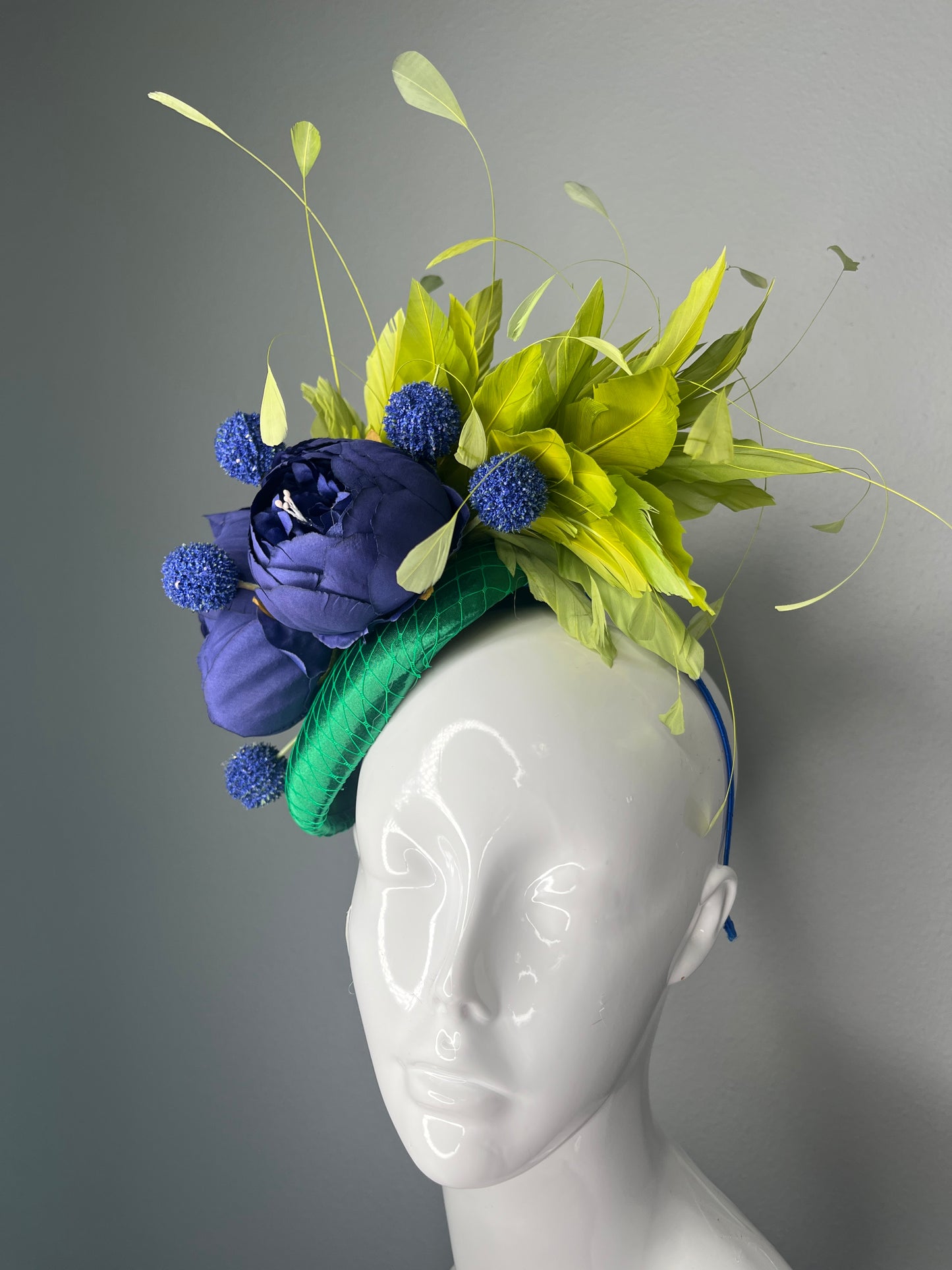 Emerald Green  & Navy Blue Statement Fascinator – Bold Floral Race Day Headpiece